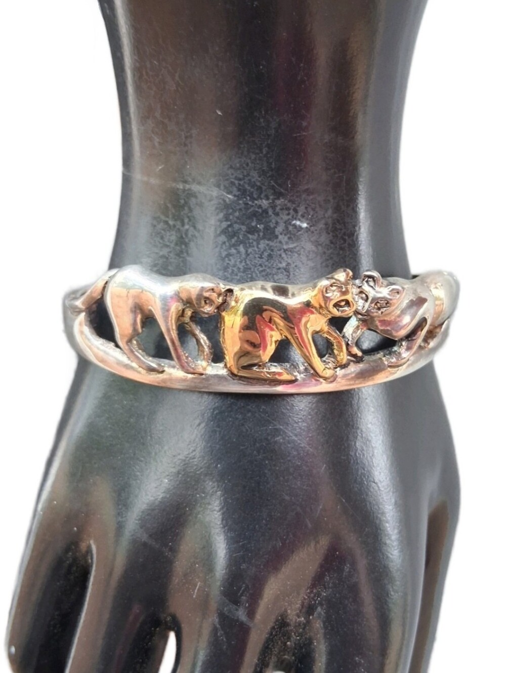 Vintage Two Tone Playing Cats Cuff Bracelet Sculptural Feline Kitten Bangle